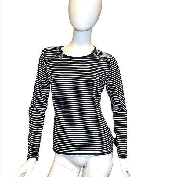 Michael Kors Striped Zipper Long Sleeve Crewneck Tee Navy Blue White S M… - Picture 8 of 15